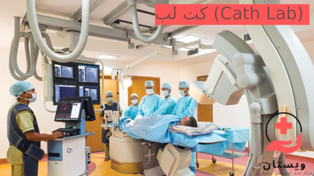 کت لب تصویری از کت لب قلب به همراه متخصصین قلب بالای سر بیمار ایستاده اند و فوق تخصص اینترونشنال کاردیولوژی هستند