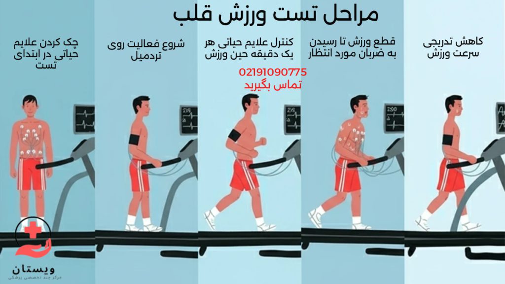 تست ورزش قلب در تصویر مراحل تست ورزش قلب به صورت دقیق و مرحله به مرحله توضیح داده شده است.