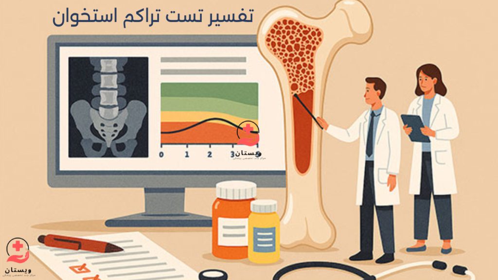 تفسیر تراکم استخوان تصویر انیمیشنی از پزشک در حال اشاره به استخوان و تفسیر تست تراکم استخوان برای دستیارش