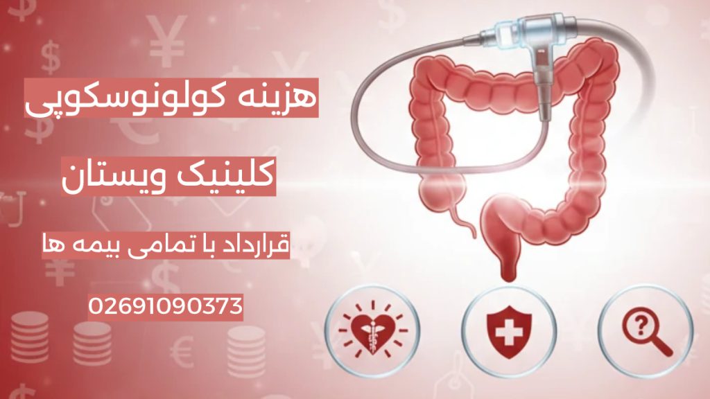 هزینه کولونوسکوپی تصویری با تم مربوط به هزینه و اسکناس و تصویری از روده و دستگاه کولونوسکوپ با آدرس و شماره کلینیک گوارش ویستان