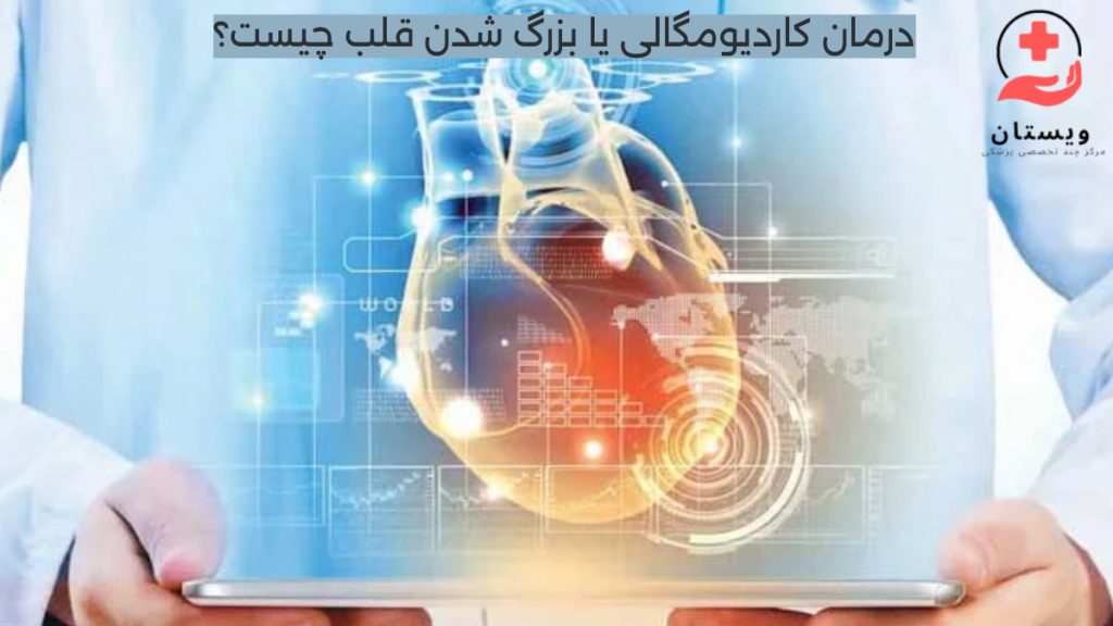 کاردیومگالی برگشت پذیر تصویری شماتیک از قلب انسان که در دستان یک متخصص قلب قراردارد